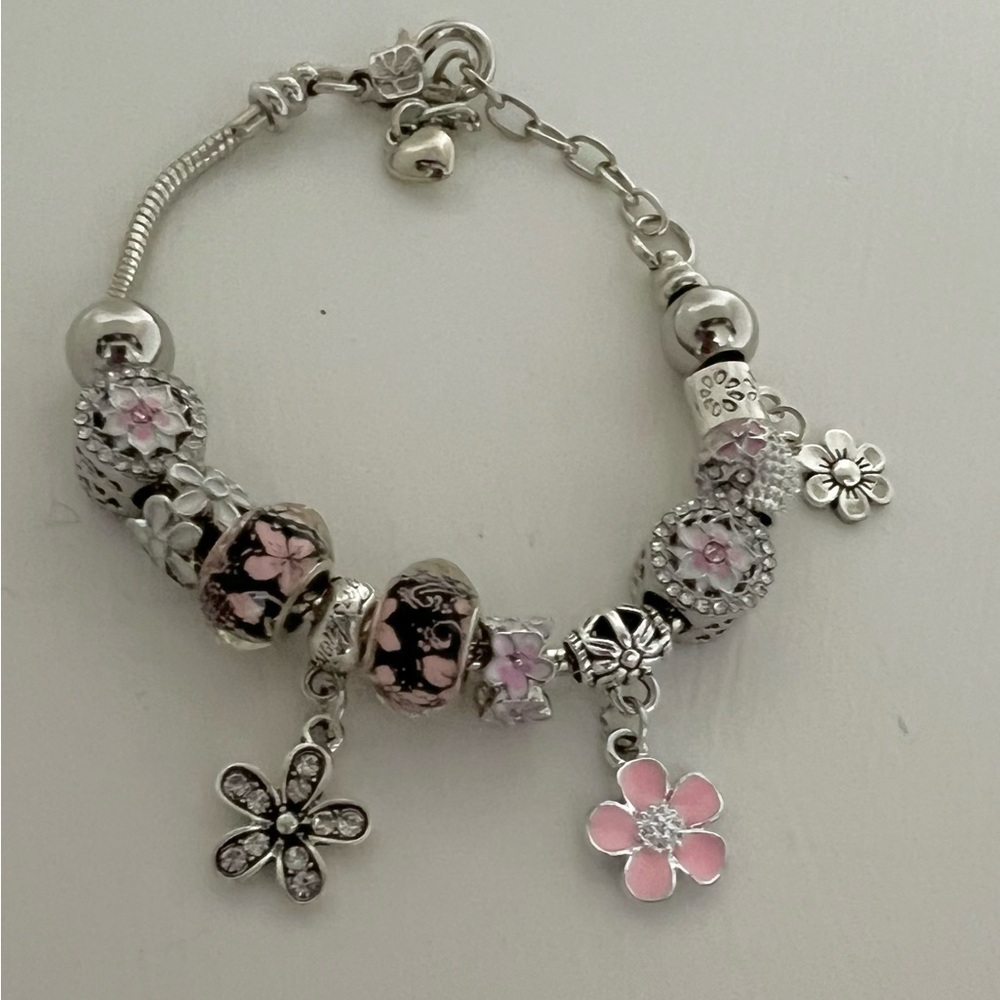 Pink Floral Charm Bracelet Silver Tone European Style Beaded Bracelet - Picture 3 of 4